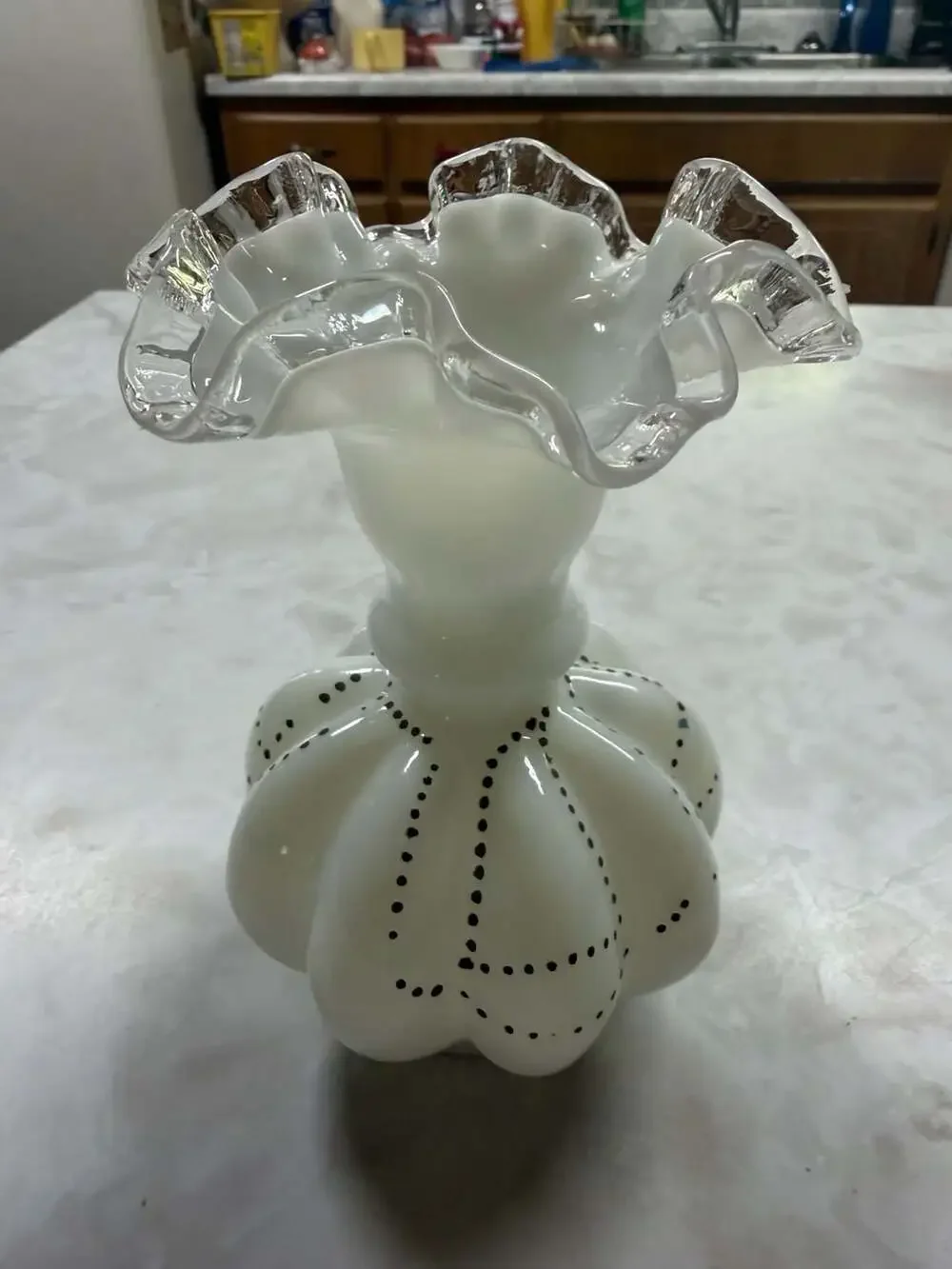 Vintage Fenton Silvercrest Beaded Melon Vase White Milk Glass with Clear Ruffled